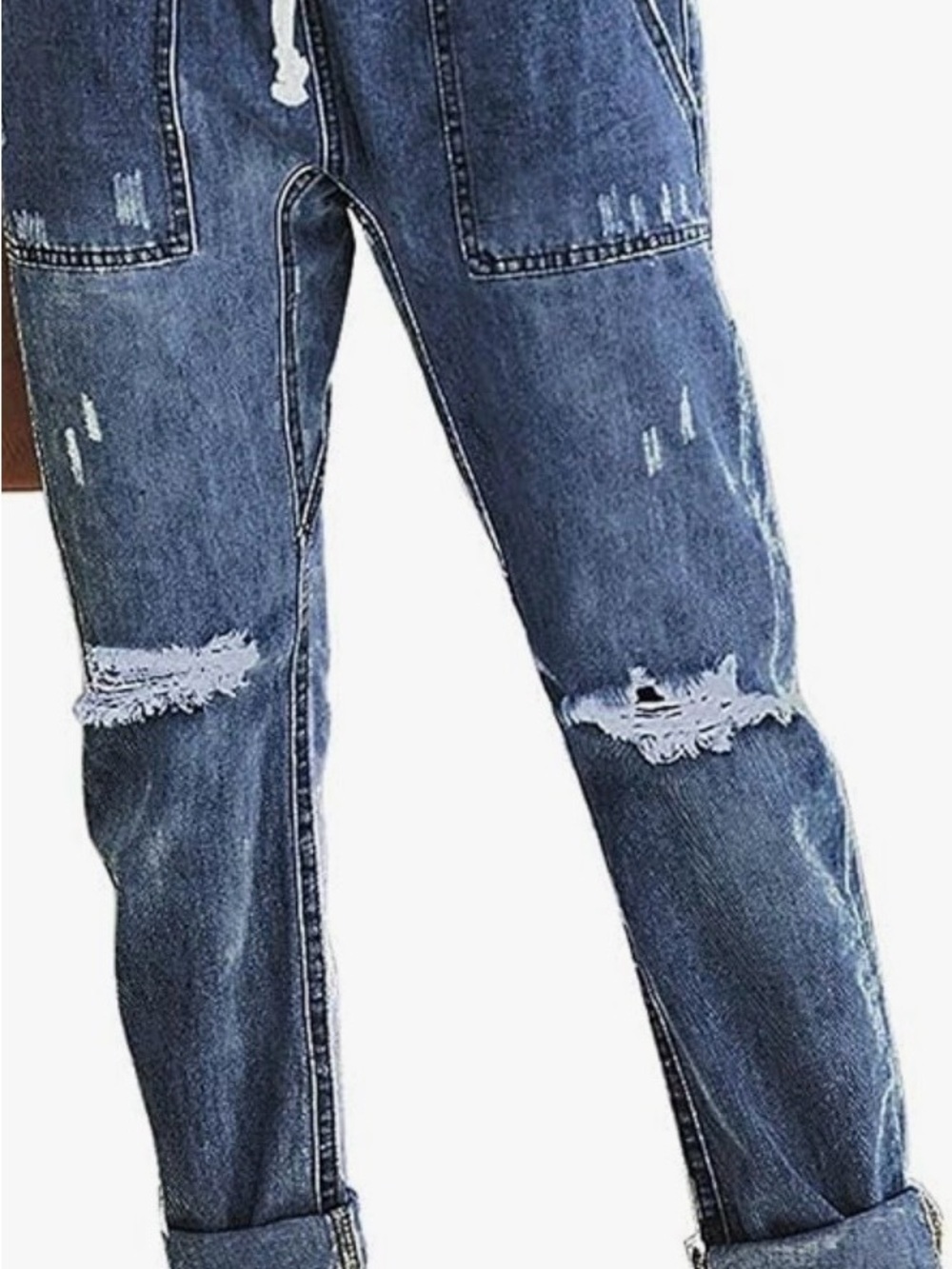 Women’s  Distressed Blue Denim Jeans Drawstring Distressed